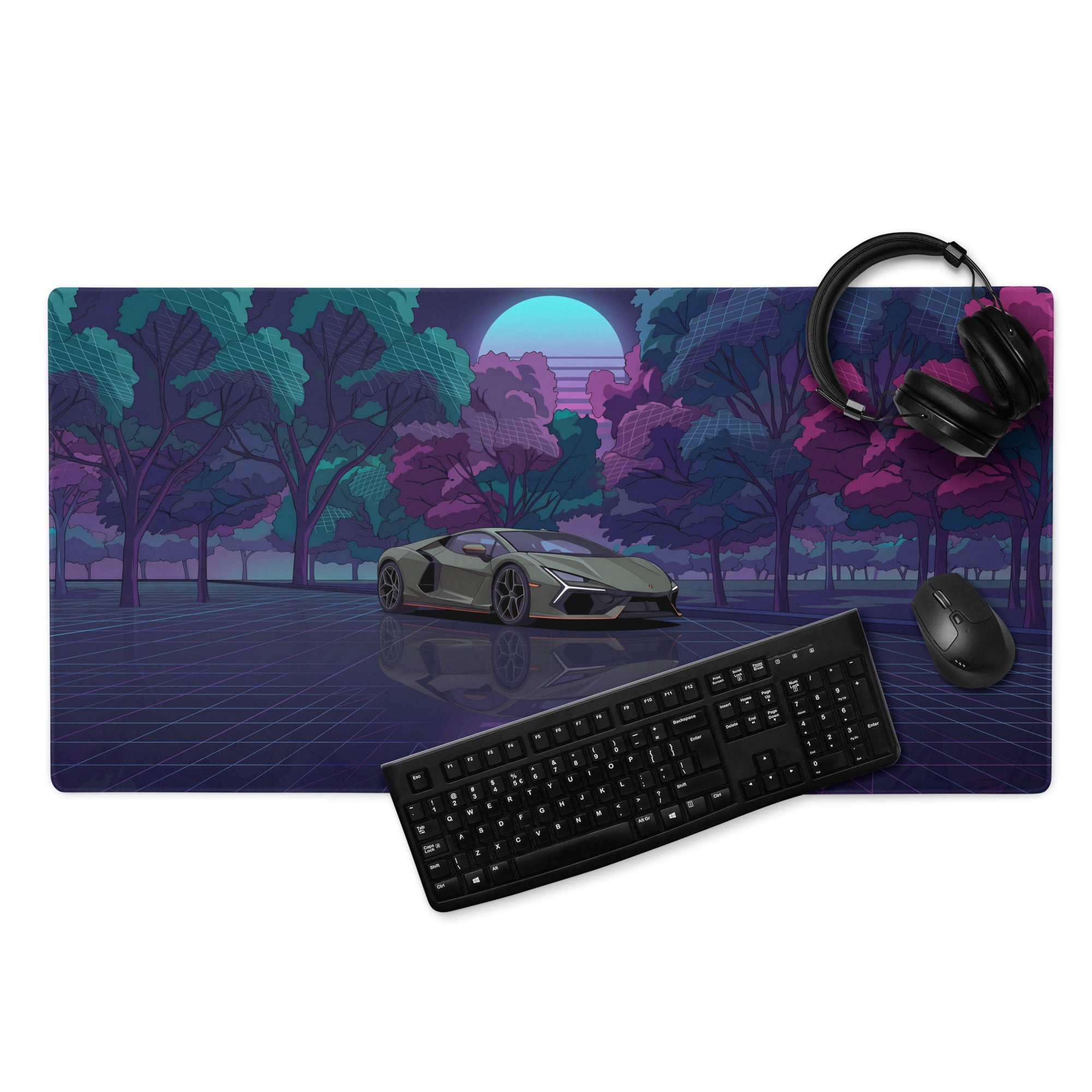 Lamborghini Revuelto Inspired Gray Purple Vaporwave Gaming Mouse Pad – Neon Forest Grid Desk Mat, Retro Futuristic Supercar Digital Art