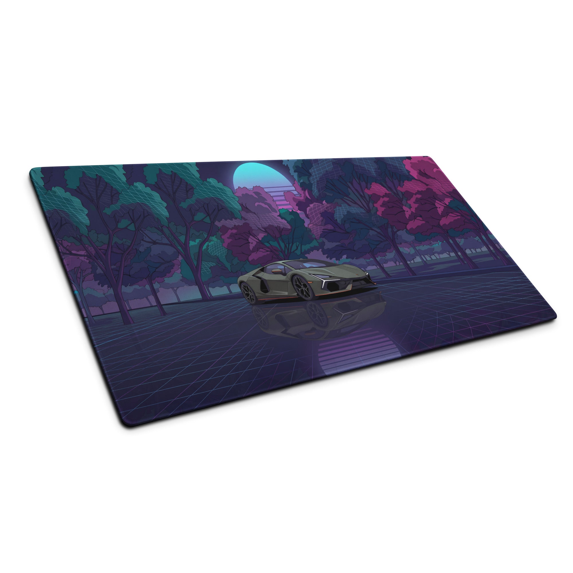 Lamborghini Revuelto Inspired Gray Purple Vaporwave Gaming Mouse Pad – Neon Forest Grid Desk Mat, Retro Futuristic Supercar Digital Art