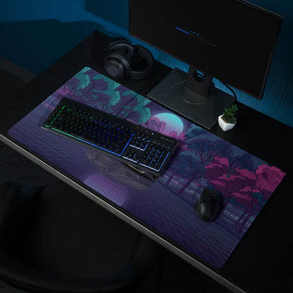 Lamborghini Revuelto Inspired Gray Purple Vaporwave Gaming Mouse Pad – Neon Forest Grid Desk Mat, Retro Futuristic Supercar Digital Art
