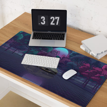 Lamborghini Revuelto Inspired Gray Purple Vaporwave Gaming Mouse Pad – Neon Forest Grid Desk Mat, Retro Futuristic Supercar Digital Art