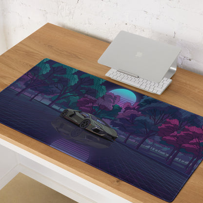 Lamborghini Revuelto Inspired Gray Purple Vaporwave Gaming Mouse Pad – Neon Forest Grid Desk Mat, Retro Futuristic Supercar Digital Art