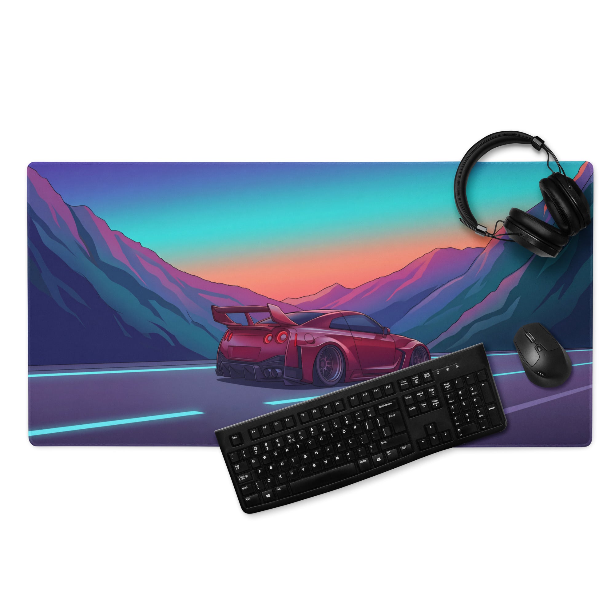 Nissan GT-R R35 Inspired Red Purple Vaporwave Gaming Mouse Pad – Neon Mountain Highway Desk Mat, Retro Futuristic JDM Supercar Digital Art