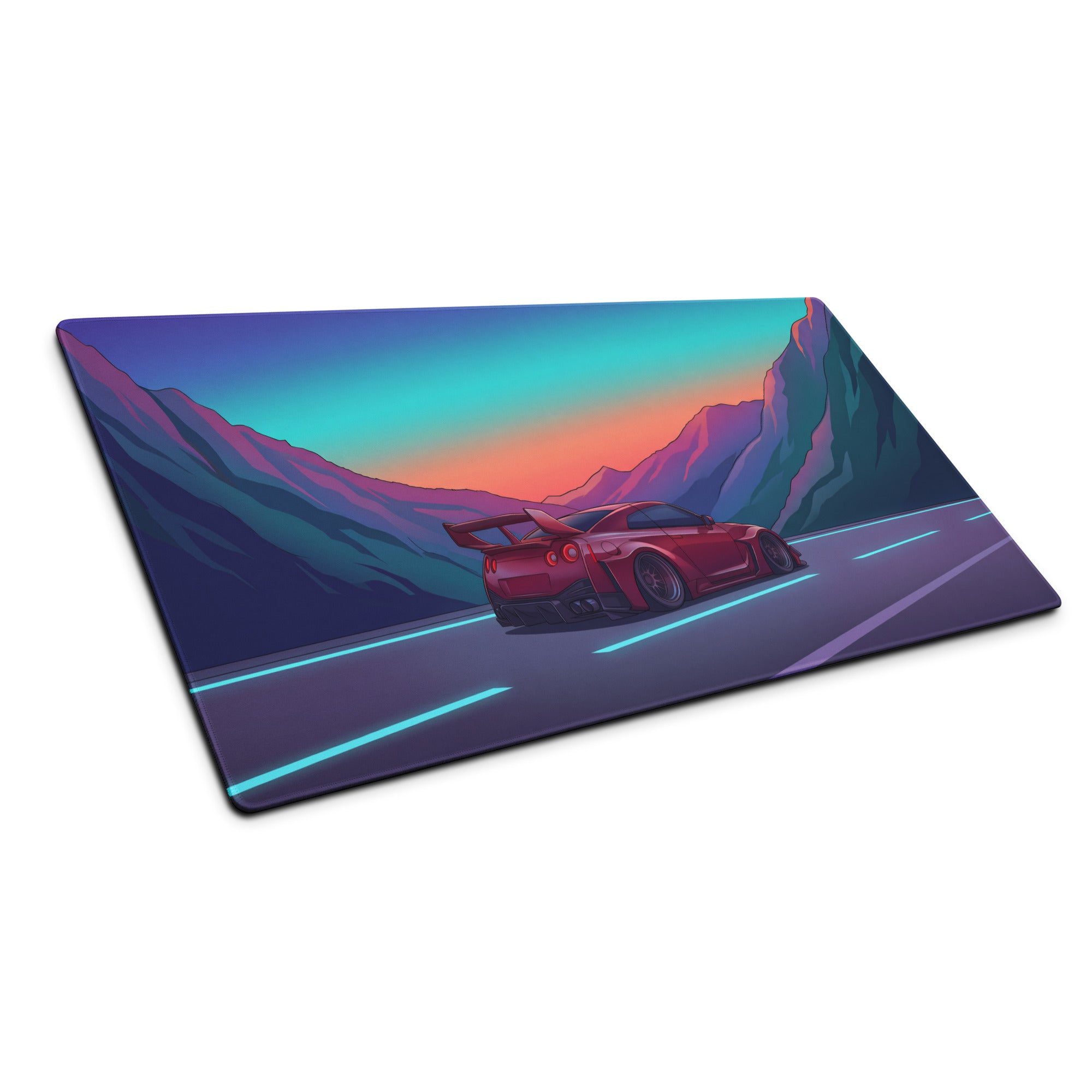 Nissan GT-R R35 Inspired Red Purple Vaporwave Gaming Mouse Pad – Neon Mountain Highway Desk Mat, Retro Futuristic JDM Supercar Digital Art