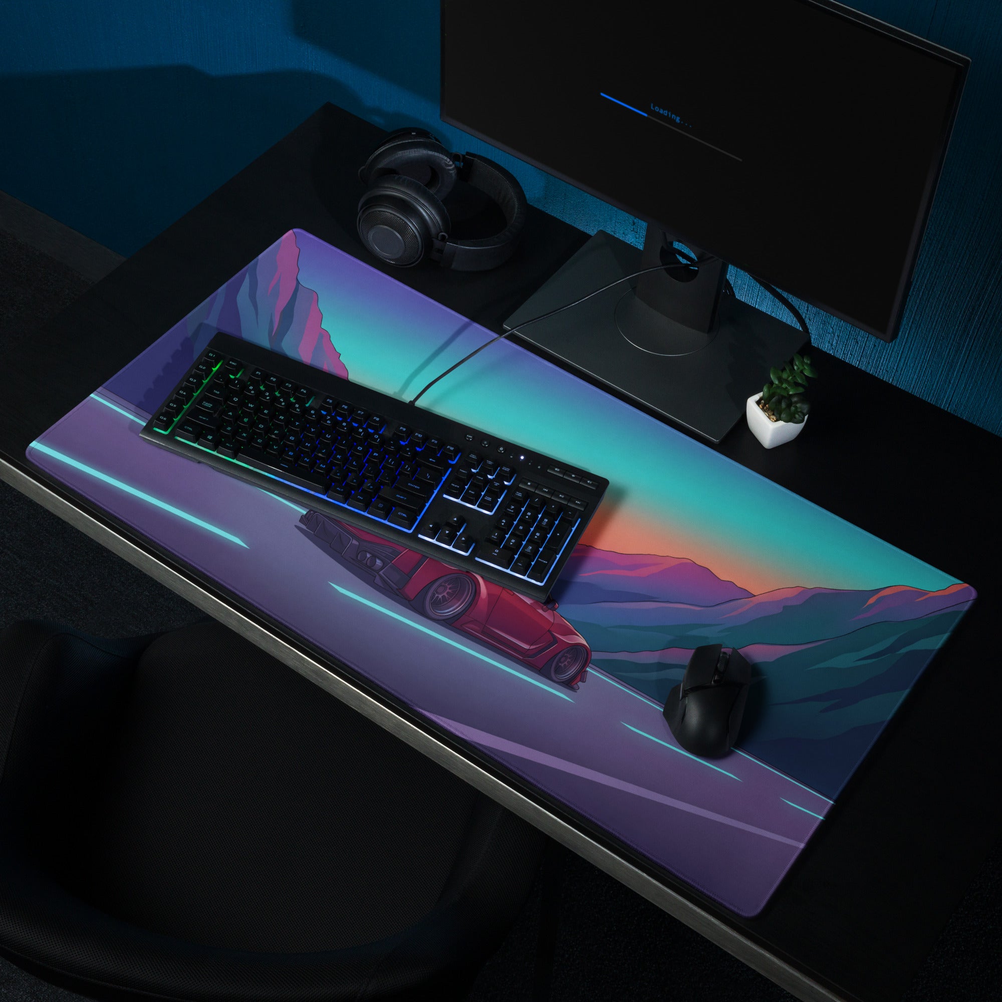 Nissan GT-R R35 Inspired Red Purple Vaporwave Gaming Mouse Pad – Neon Mountain Highway Desk Mat, Retro Futuristic JDM Supercar Digital Art