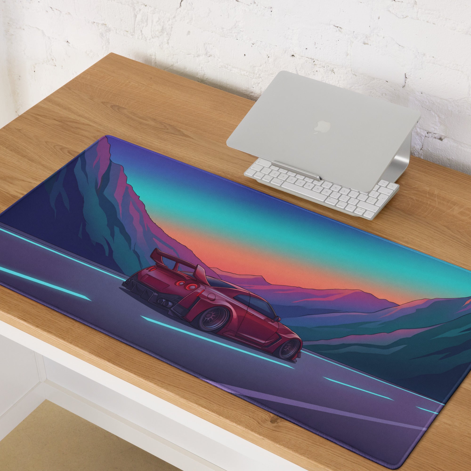 Nissan GT-R R35 Inspired Red Purple Vaporwave Gaming Mouse Pad – Neon Mountain Highway Desk Mat, Retro Futuristic JDM Supercar Digital Art