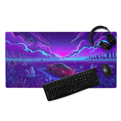 Koenigsegg Regera Inspired Red Purple Vaporwave Gaming Mouse Pad – Neon Cyber Grid Desk Mat, Futuristic Cityscape Supercar Digital Art