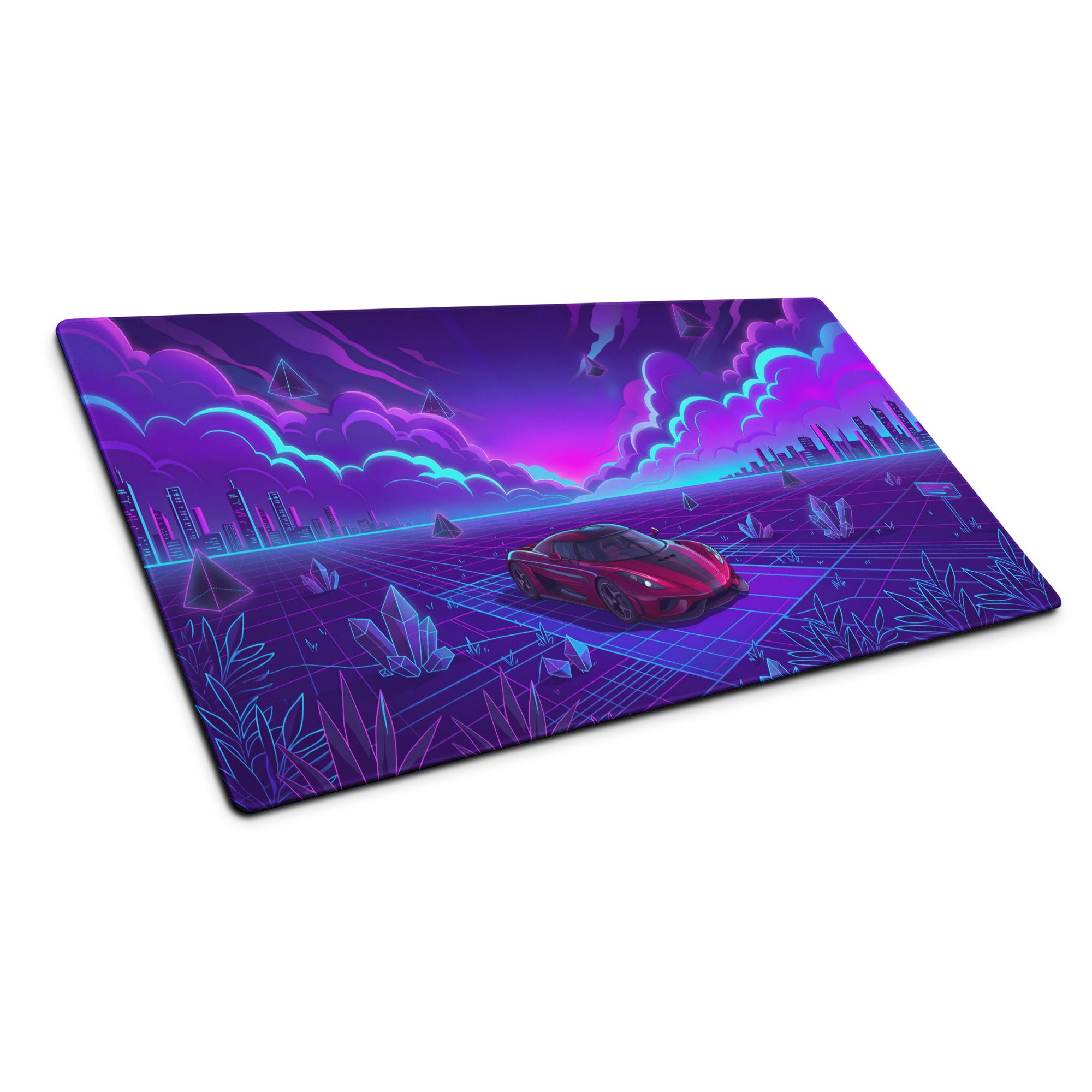 Koenigsegg Regera Inspired Red Purple Vaporwave Gaming Mouse Pad – Neon Cyber Grid Desk Mat, Futuristic Cityscape Supercar Digital Art