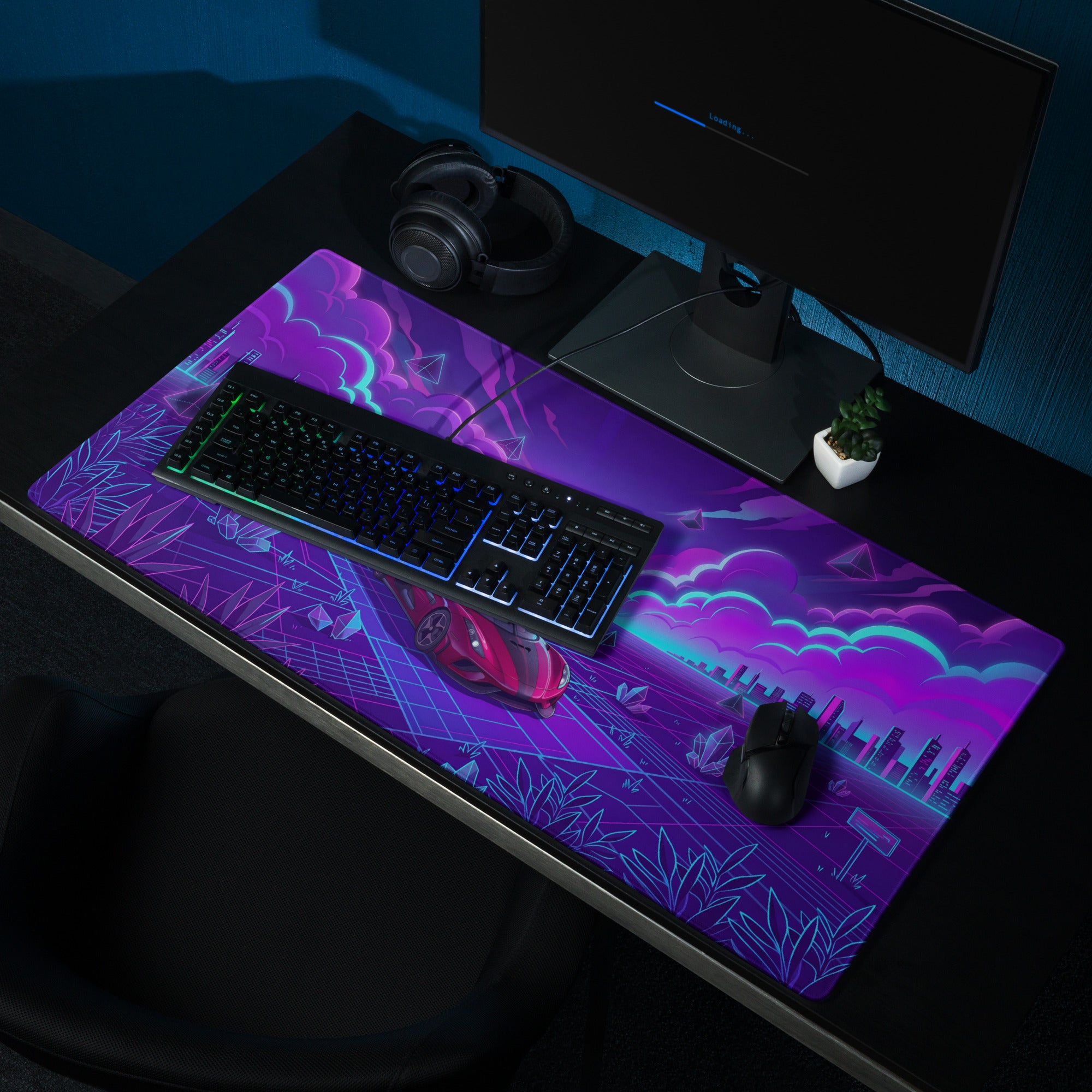 Koenigsegg Regera Inspired Red Purple Vaporwave Gaming Mouse Pad – Neon Cyber Grid Desk Mat, Futuristic Cityscape Supercar Digital Art