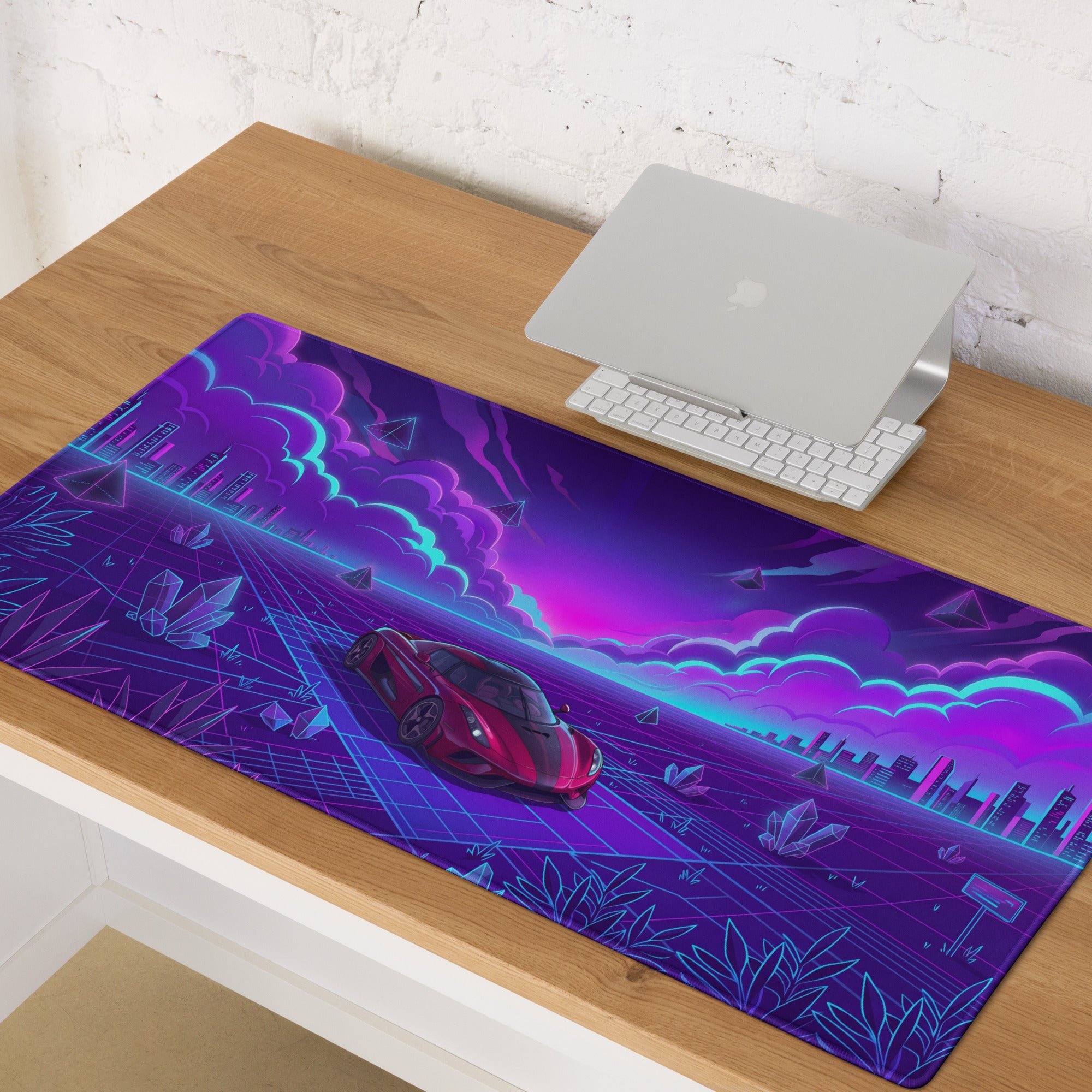 Koenigsegg Regera Inspired Red Purple Vaporwave Gaming Mouse Pad – Neon Cyber Grid Desk Mat, Futuristic Cityscape Supercar Digital Art