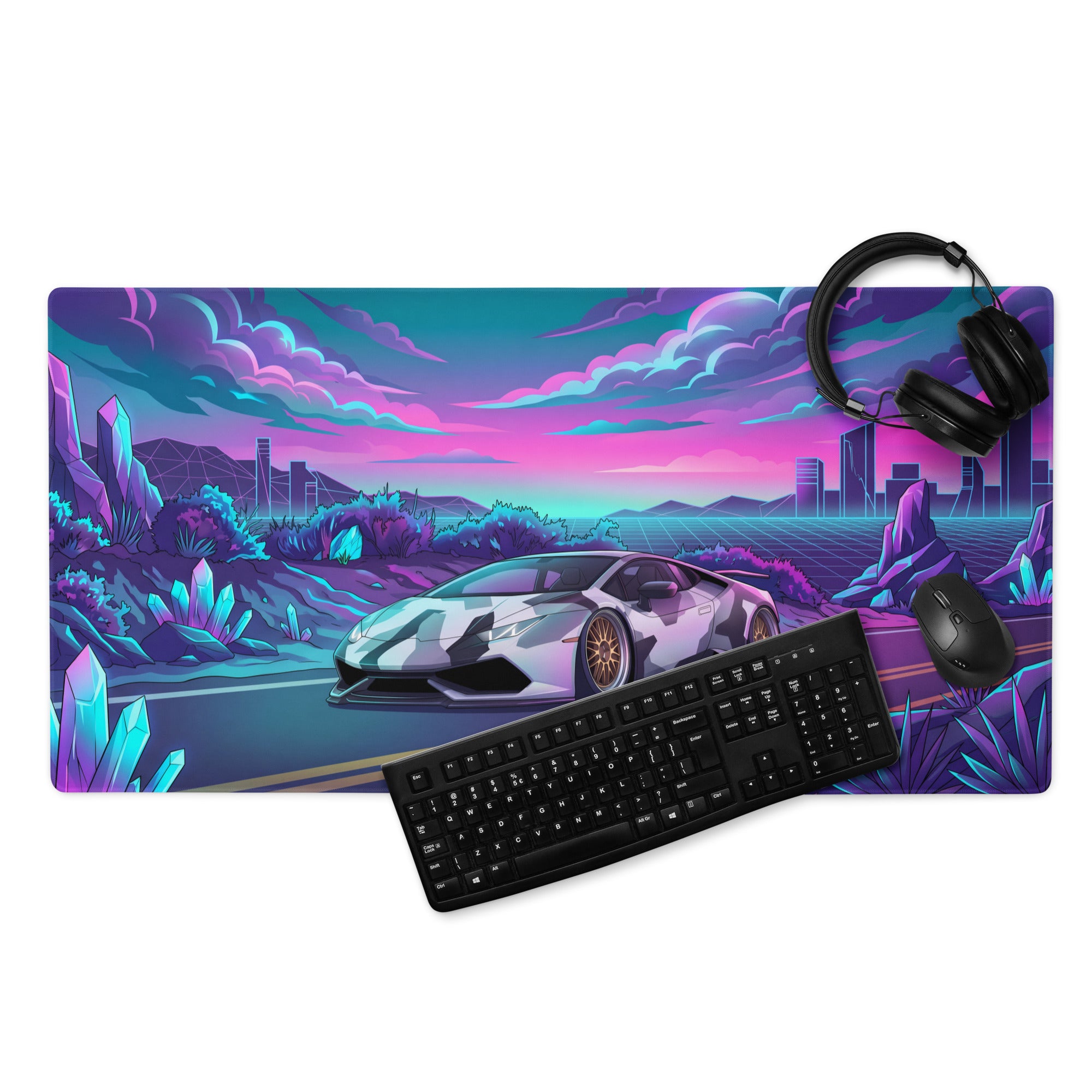 Lamborghini Huracán Inspired White Purple Vaporwave Gaming Mouse Pad – Neon Crystal Highway Desk Mat, Retro Futuristic Supercar Digital Art