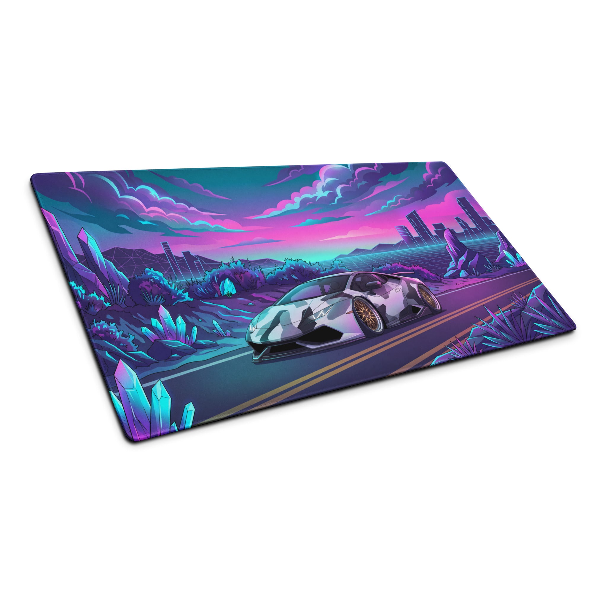Lamborghini Huracán Inspired White Purple Vaporwave Gaming Mouse Pad – Neon Crystal Highway Desk Mat, Retro Futuristic Supercar Digital Art