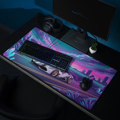 Lamborghini Huracán Inspired White Purple Vaporwave Gaming Mouse Pad – Neon Crystal Highway Desk Mat, Retro Futuristic Supercar Digital Art