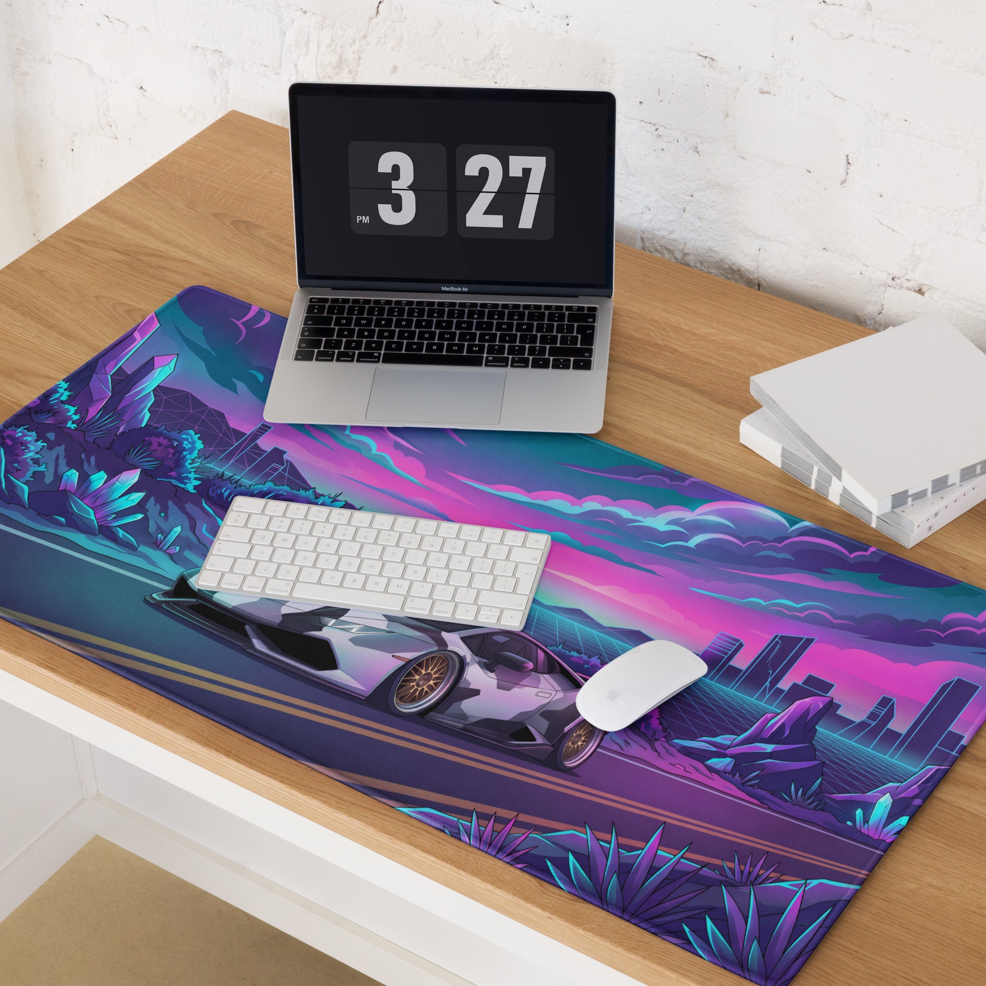 Lamborghini Huracán Inspired White Purple Vaporwave Gaming Mouse Pad – Neon Crystal Highway Desk Mat, Retro Futuristic Supercar Digital Art
