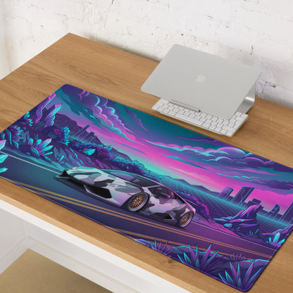 Lamborghini Huracán Inspired White Purple Vaporwave Gaming Mouse Pad – Neon Crystal Highway Desk Mat, Retro Futuristic Supercar Digital Art