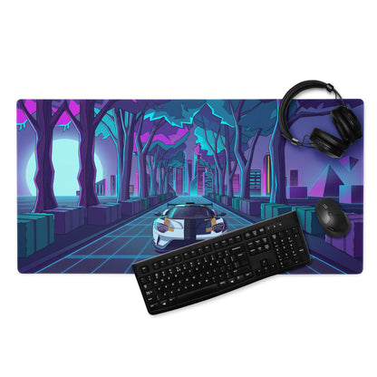 Ford GT Inspired White Gold Vaporwave Gaming Mouse Pad – Neon Cyber Forest Desk Mat, Retro Futuristic Supercar Cityscape Digital Art