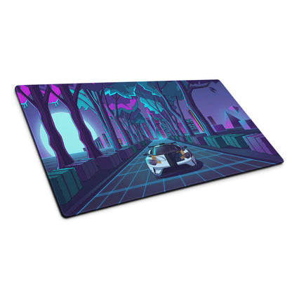 Ford GT Inspired White Gold Vaporwave Gaming Mouse Pad – Neon Cyber Forest Desk Mat, Retro Futuristic Supercar Cityscape Digital Art