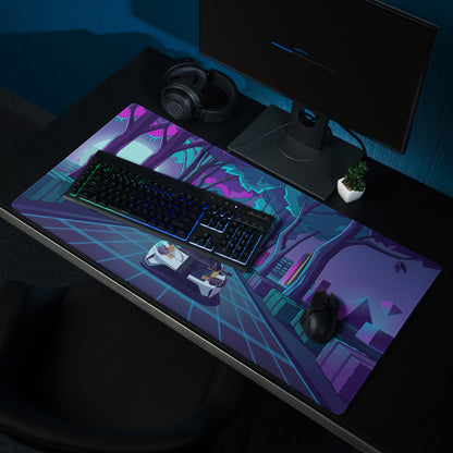 Ford GT Inspired White Gold Vaporwave Gaming Mouse Pad – Neon Cyber Forest Desk Mat, Retro Futuristic Supercar Cityscape Digital Art