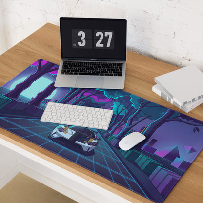 Ford GT Inspired White Gold Vaporwave Gaming Mouse Pad – Neon Cyber Forest Desk Mat, Retro Futuristic Supercar Cityscape Digital Art