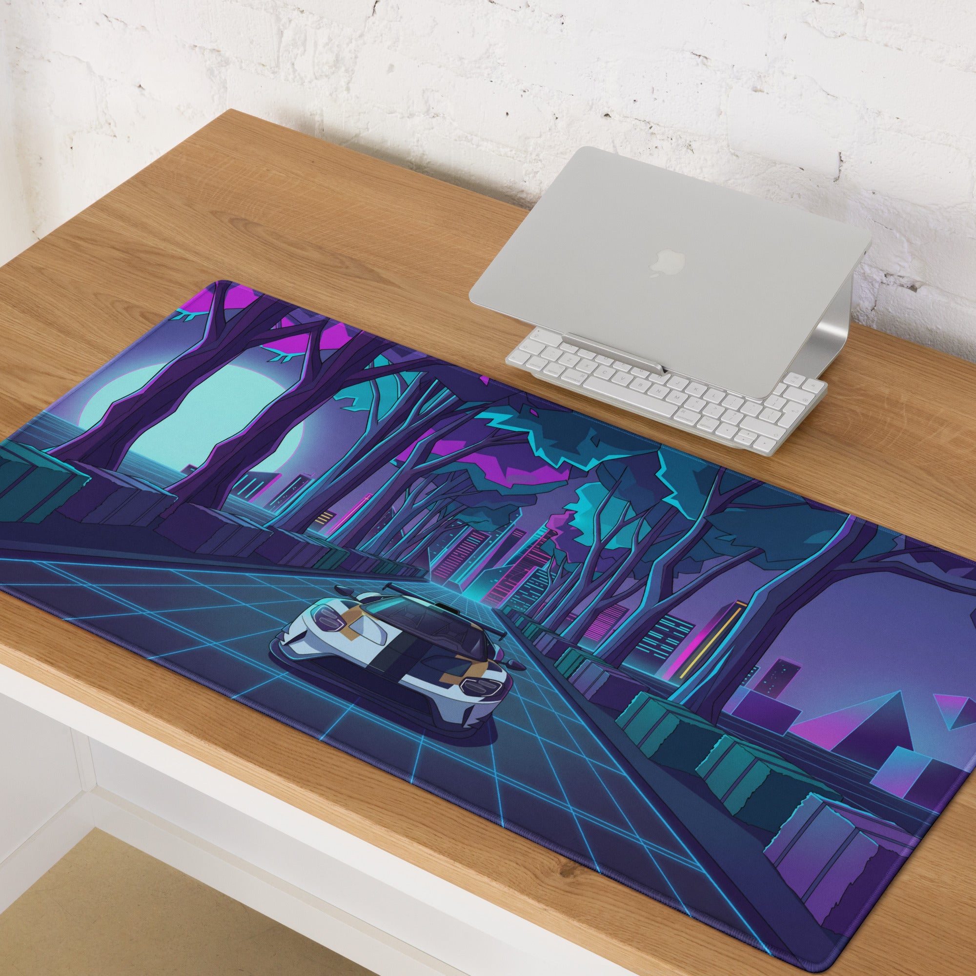 Ford GT Inspired White Gold Vaporwave Gaming Mouse Pad – Neon Cyber Forest Desk Mat, Retro Futuristic Supercar Cityscape Digital Art
