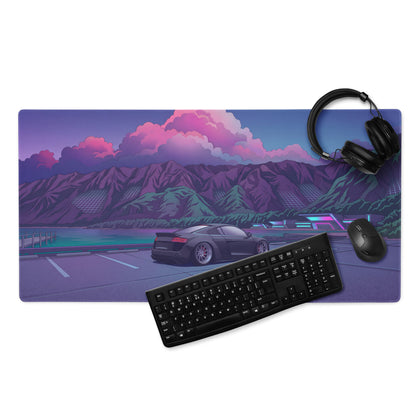 Audi R8 Inspired Black Purple Vaporwave Gaming Mouse Pad – Neon Mountain Lake Parking Lot Desk Mat, Retro Futuristic Supercar Digital Art