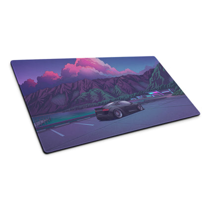Audi R8 Inspired Black Purple Vaporwave Gaming Mouse Pad – Neon Mountain Lake Parking Lot Desk Mat, Retro Futuristic Supercar Digital Art