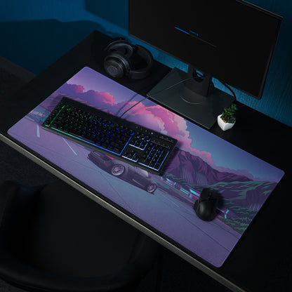 Audi R8 Inspired Black Purple Vaporwave Gaming Mouse Pad – Neon Mountain Lake Parking Lot Desk Mat, Retro Futuristic Supercar Digital Art