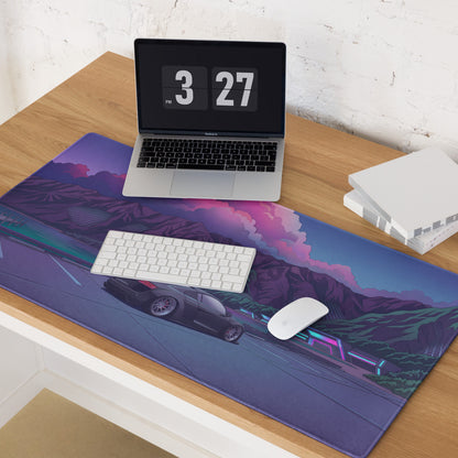 Audi R8 Inspired Black Purple Vaporwave Gaming Mouse Pad – Neon Mountain Lake Parking Lot Desk Mat, Retro Futuristic Supercar Digital Art