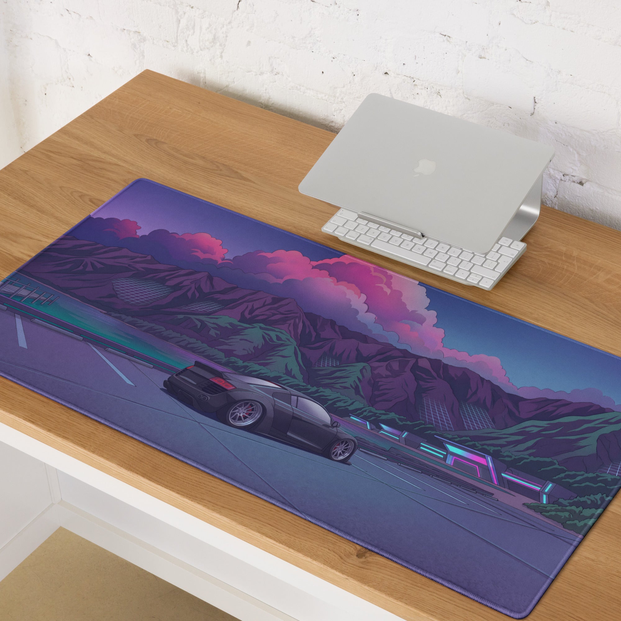 Audi R8 Inspired Black Purple Vaporwave Gaming Mouse Pad – Neon Mountain Lake Parking Lot Desk Mat, Retro Futuristic Supercar Digital Art