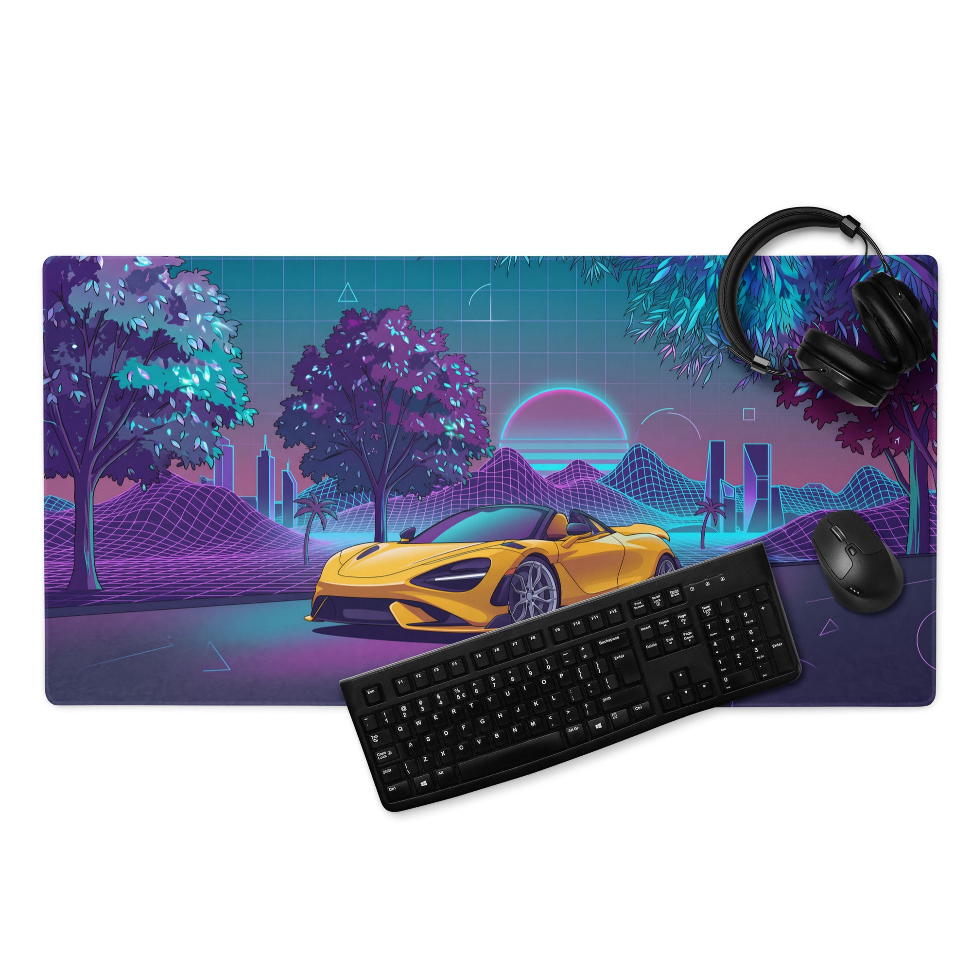 McLaren 765LT Spider Inspired Yellow Purple Vaporwave Gaming Mouse Pad – Neon Retro Grid Desk Mat, Futuristic Supercar Cityscape Digital Art
