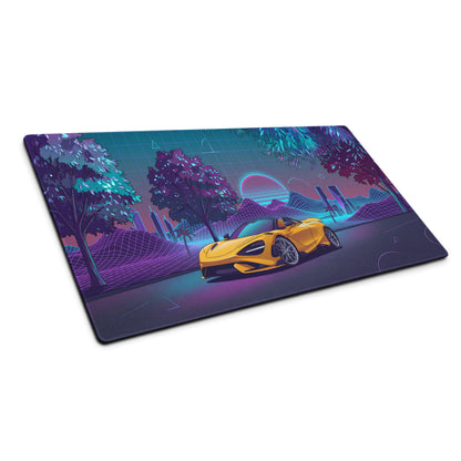 McLaren 765LT Spider Inspired Yellow Purple Vaporwave Gaming Mouse Pad – Neon Retro Grid Desk Mat, Futuristic Supercar Cityscape Digital Art
