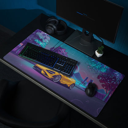 McLaren 765LT Spider Inspired Yellow Purple Vaporwave Gaming Mouse Pad – Neon Retro Grid Desk Mat, Futuristic Supercar Cityscape Digital Art