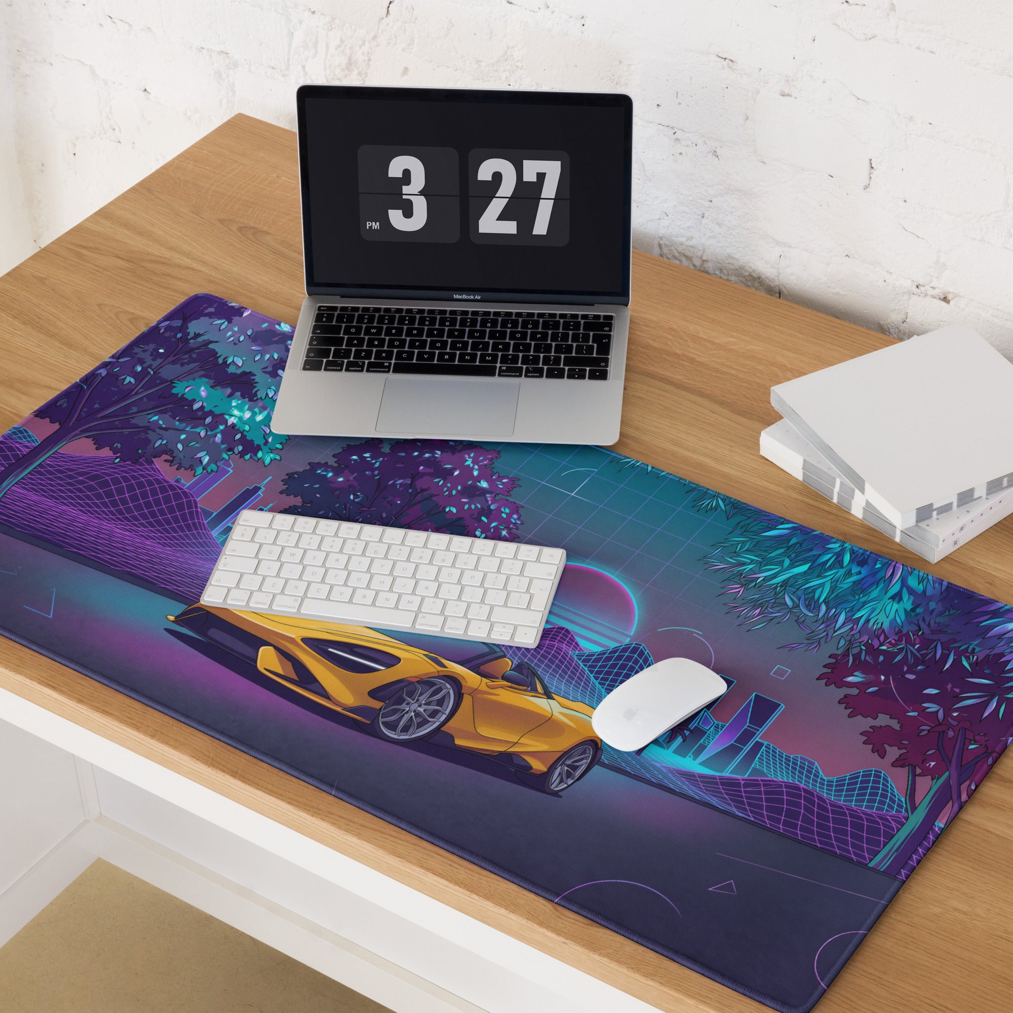 McLaren 765LT Spider Inspired Yellow Purple Vaporwave Gaming Mouse Pad – Neon Retro Grid Desk Mat, Futuristic Supercar Cityscape Digital Art