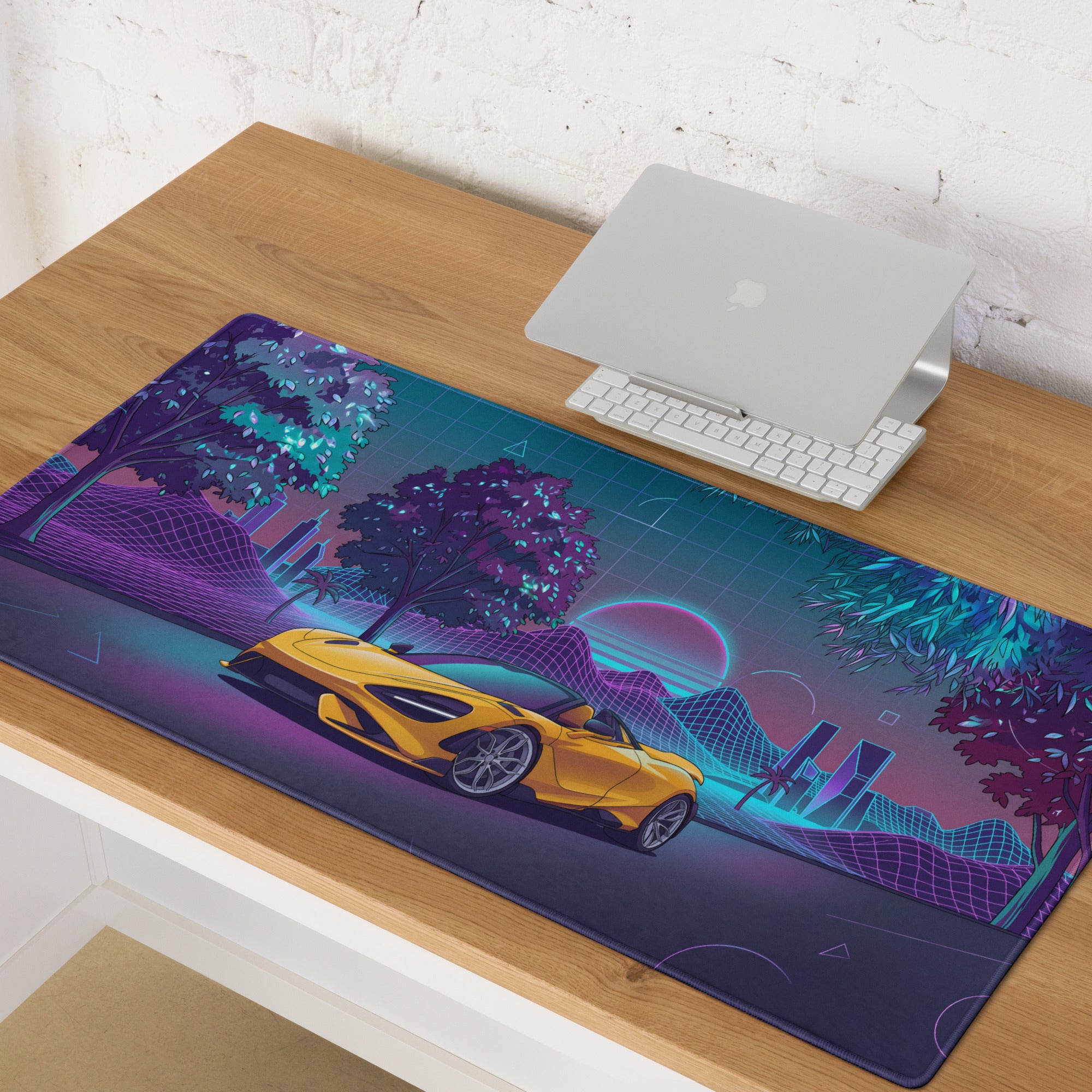 McLaren 765LT Spider Inspired Yellow Purple Vaporwave Gaming Mouse Pad – Neon Retro Grid Desk Mat, Futuristic Supercar Cityscape Digital Art