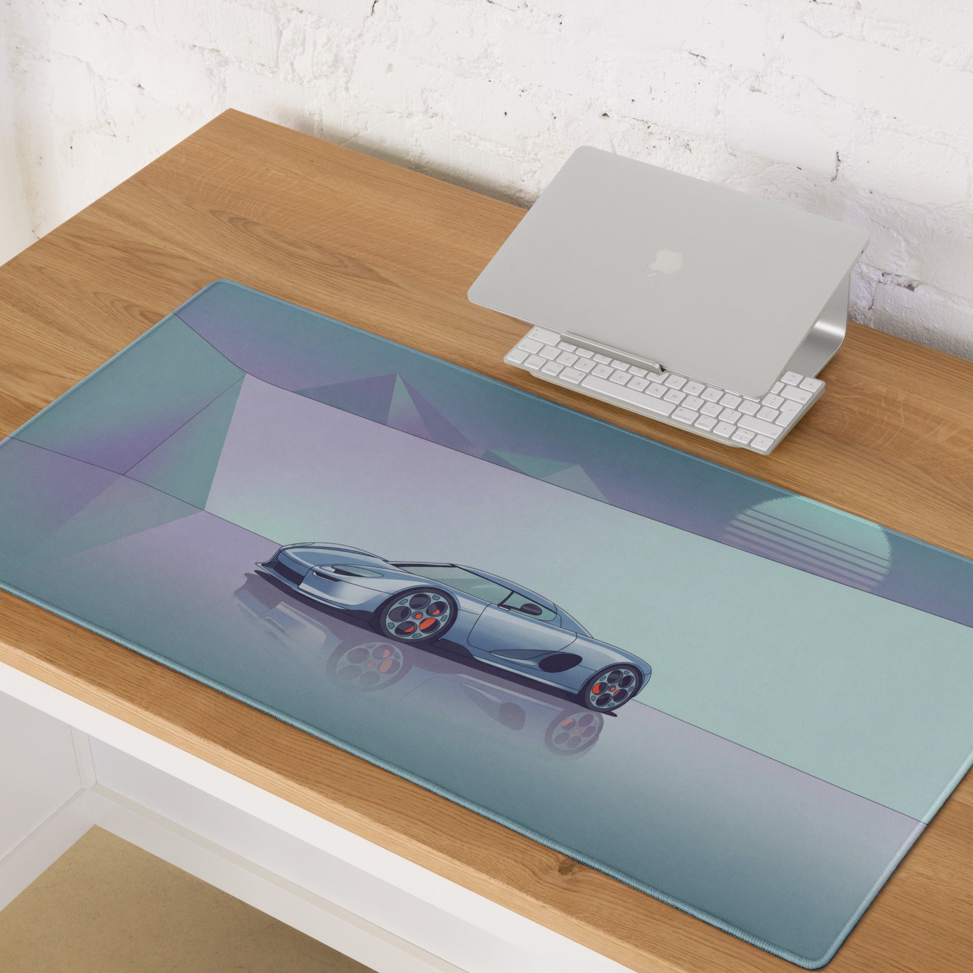 Koenigsegg CCX Inspired Silver Blue Vaporwave Gaming Mouse Pad – Minimalist Retro Futuristic Garage Desk Mat, Dreamy Supercar Digital Art