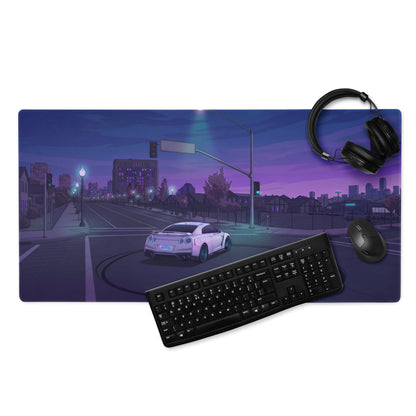 Nissan GT-R R35 Inspired White Purple Vaporwave Gaming Mouse Pad – Neon City Intersection Desk Mat, Moody Retro Futuristic JDM Digital Art