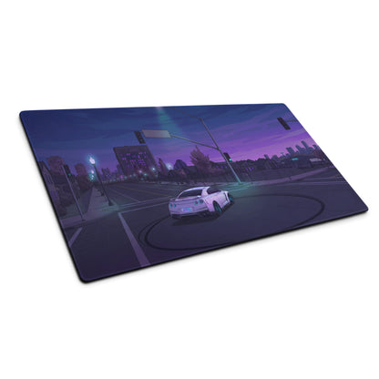 Nissan GT-R R35 Inspired White Purple Vaporwave Gaming Mouse Pad – Neon City Intersection Desk Mat, Moody Retro Futuristic JDM Digital Art