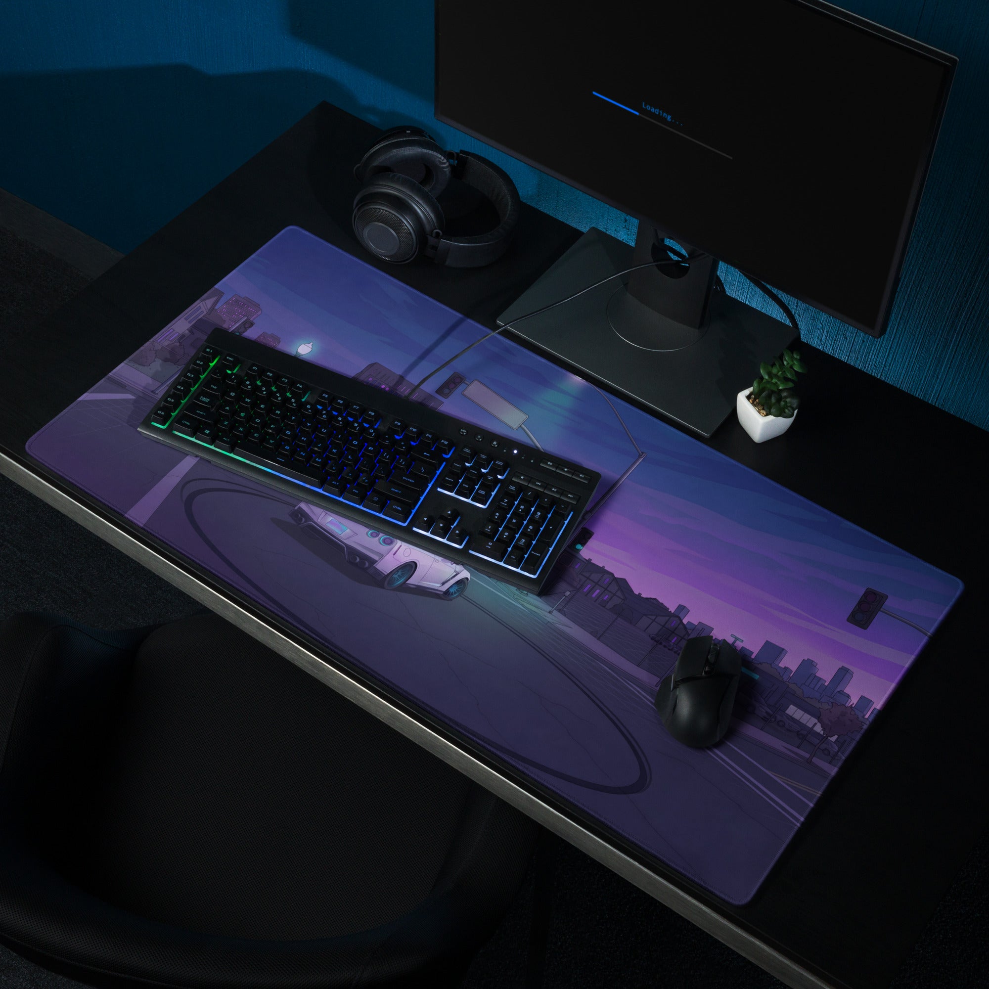 Nissan GT-R R35 Inspired White Purple Vaporwave Gaming Mouse Pad – Neon City Intersection Desk Mat, Moody Retro Futuristic JDM Digital Art