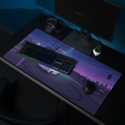 Nissan GT-R R35 Inspired White Purple Vaporwave Gaming Mouse Pad – Neon City Intersection Desk Mat, Moody Retro Futuristic JDM Digital Art