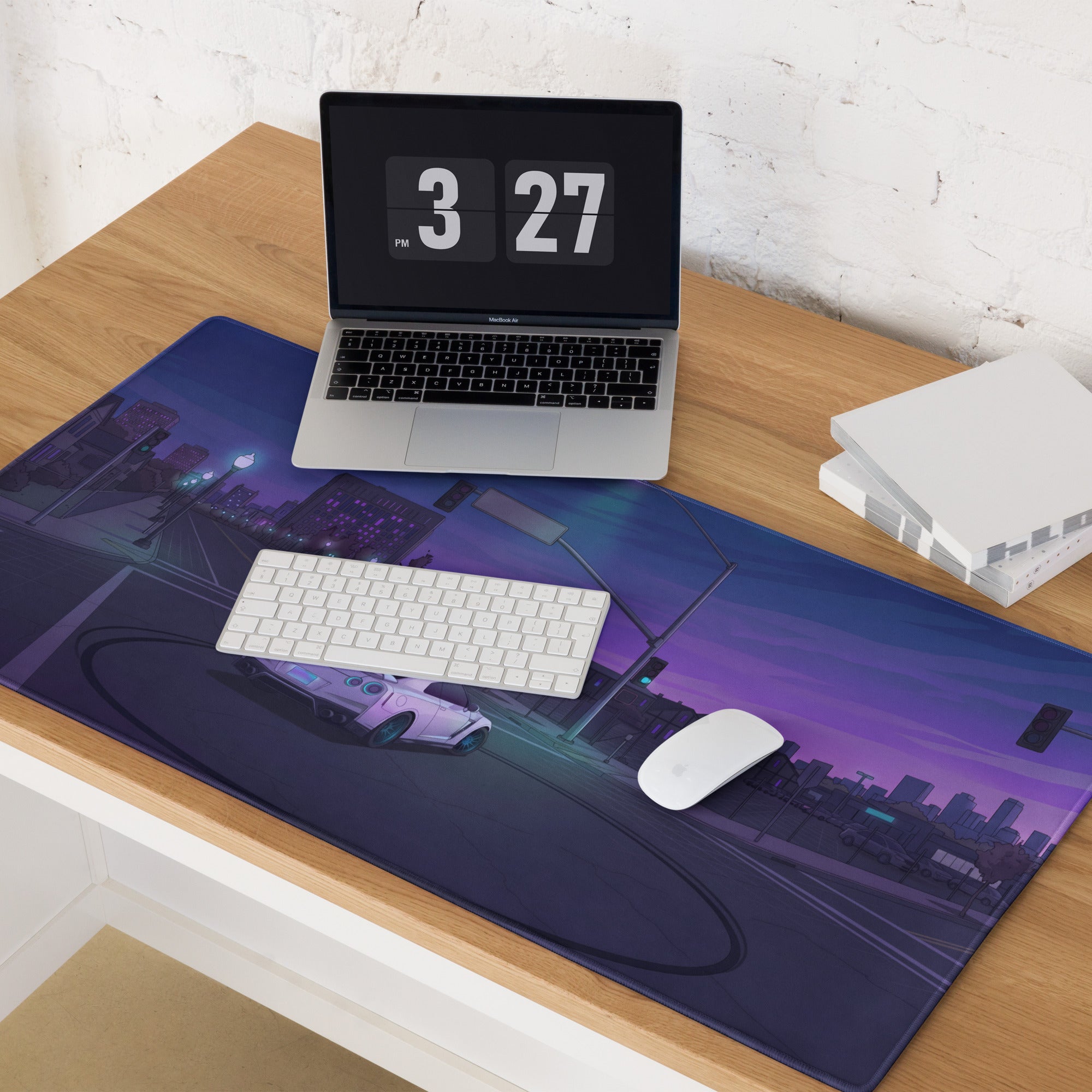 Nissan GT-R R35 Inspired White Purple Vaporwave Gaming Mouse Pad – Neon City Intersection Desk Mat, Moody Retro Futuristic JDM Digital Art