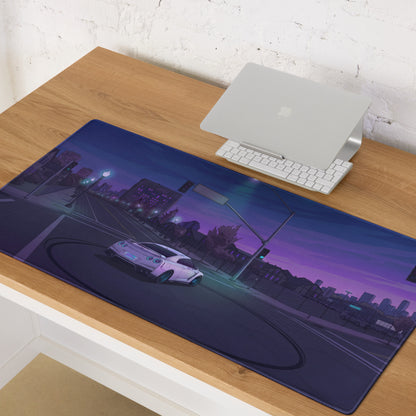 Nissan GT-R R35 Inspired White Purple Vaporwave Gaming Mouse Pad – Neon City Intersection Desk Mat, Moody Retro Futuristic JDM Digital Art
