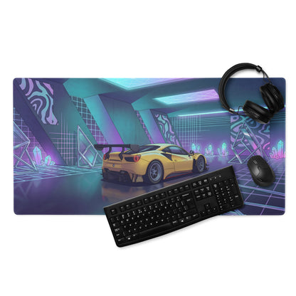Ferrari 488 GT3 Inspired Yellow Purple Vaporwave Gaming Mouse Pad – Neon Crystal Garage Desk Mat, Retro Futuristic Race Car Digital Art
