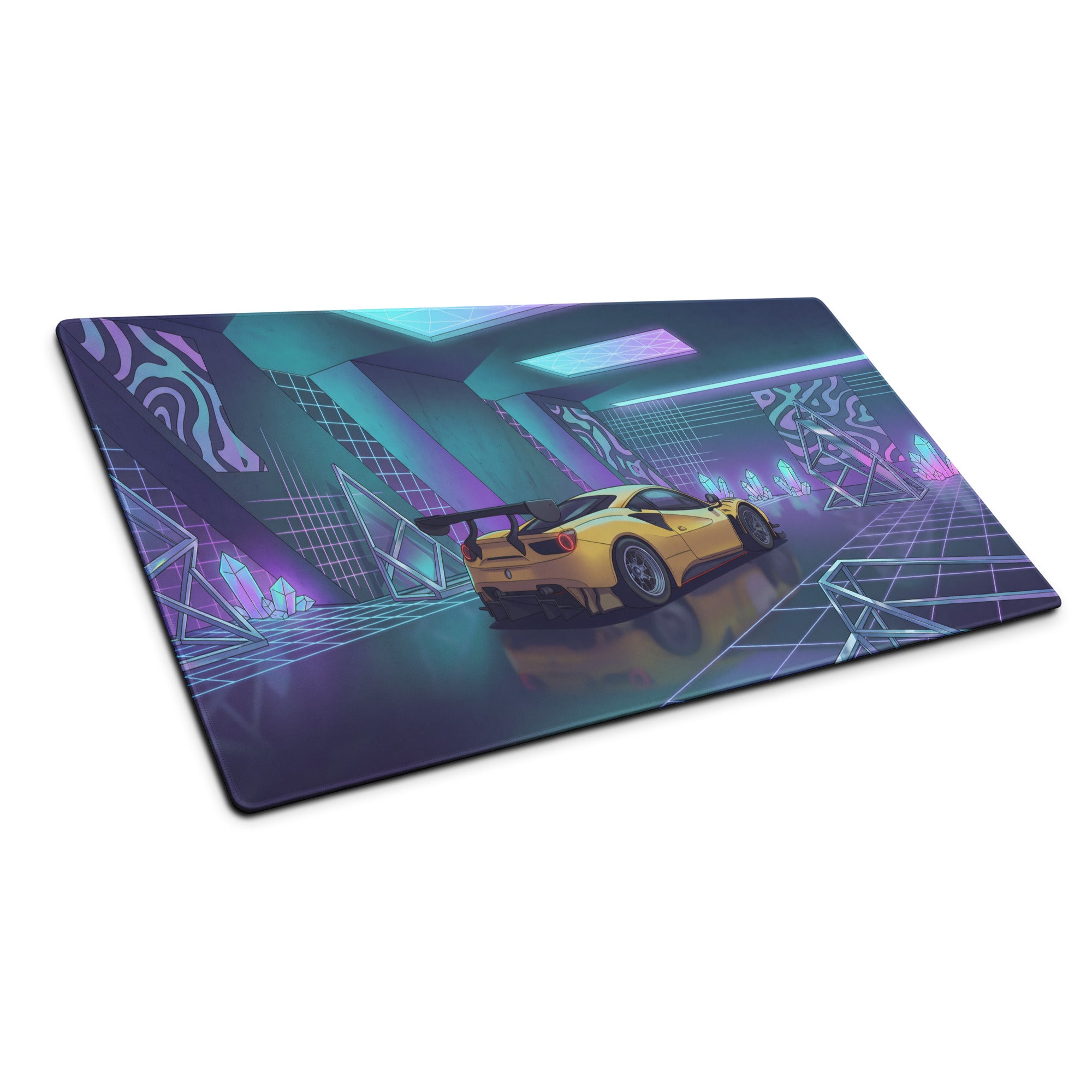 Ferrari 488 GT3 Inspired Yellow Purple Vaporwave Gaming Mouse Pad – Neon Crystal Garage Desk Mat, Retro Futuristic Race Car Digital Art