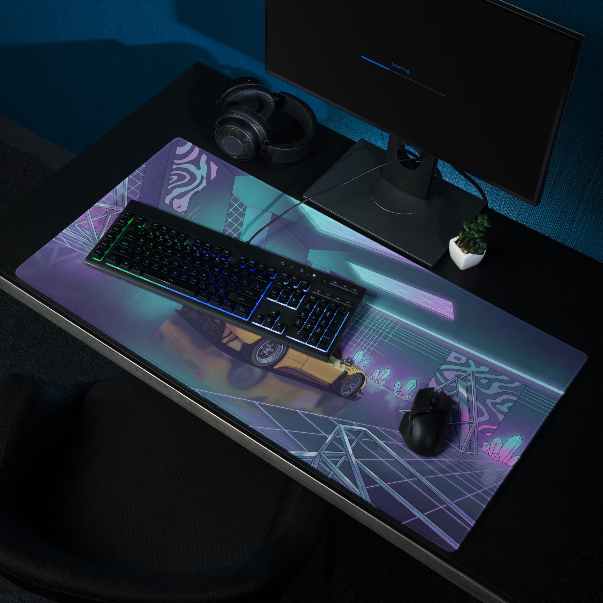 Ferrari 488 GT3 Inspired Yellow Purple Vaporwave Gaming Mouse Pad – Neon Crystal Garage Desk Mat, Retro Futuristic Race Car Digital Art