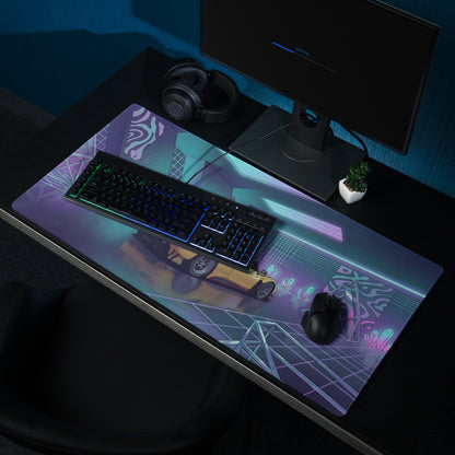 Ferrari 488 GT3 Inspired Yellow Purple Vaporwave Gaming Mouse Pad – Neon Crystal Garage Desk Mat, Retro Futuristic Race Car Digital Art