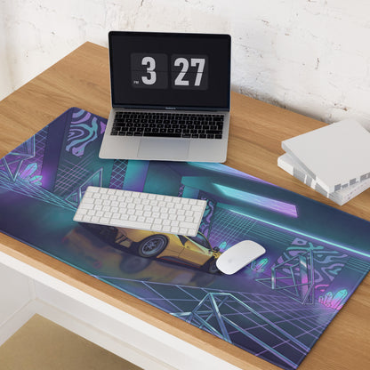 Ferrari 488 GT3 Inspired Yellow Purple Vaporwave Gaming Mouse Pad – Neon Crystal Garage Desk Mat, Retro Futuristic Race Car Digital Art
