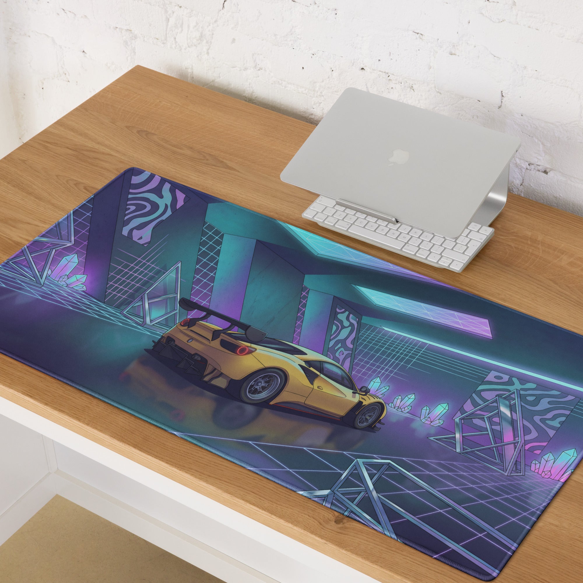 Ferrari 488 GT3 Inspired Yellow Purple Vaporwave Gaming Mouse Pad – Neon Crystal Garage Desk Mat, Retro Futuristic Race Car Digital Art