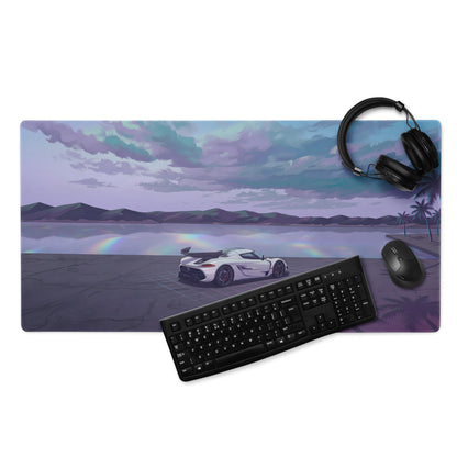 Koenigsegg Jesko Attack Inspired White Purple Vaporwave Gaming Mouse Pad – Dreamy Lakeside Palm Tree Desk Mat, Retro Futuristic Hypercar Digital Art