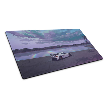 Koenigsegg Jesko Attack Inspired White Purple Vaporwave Gaming Mouse Pad – Dreamy Lakeside Palm Tree Desk Mat, Retro Futuristic Hypercar Digital Art