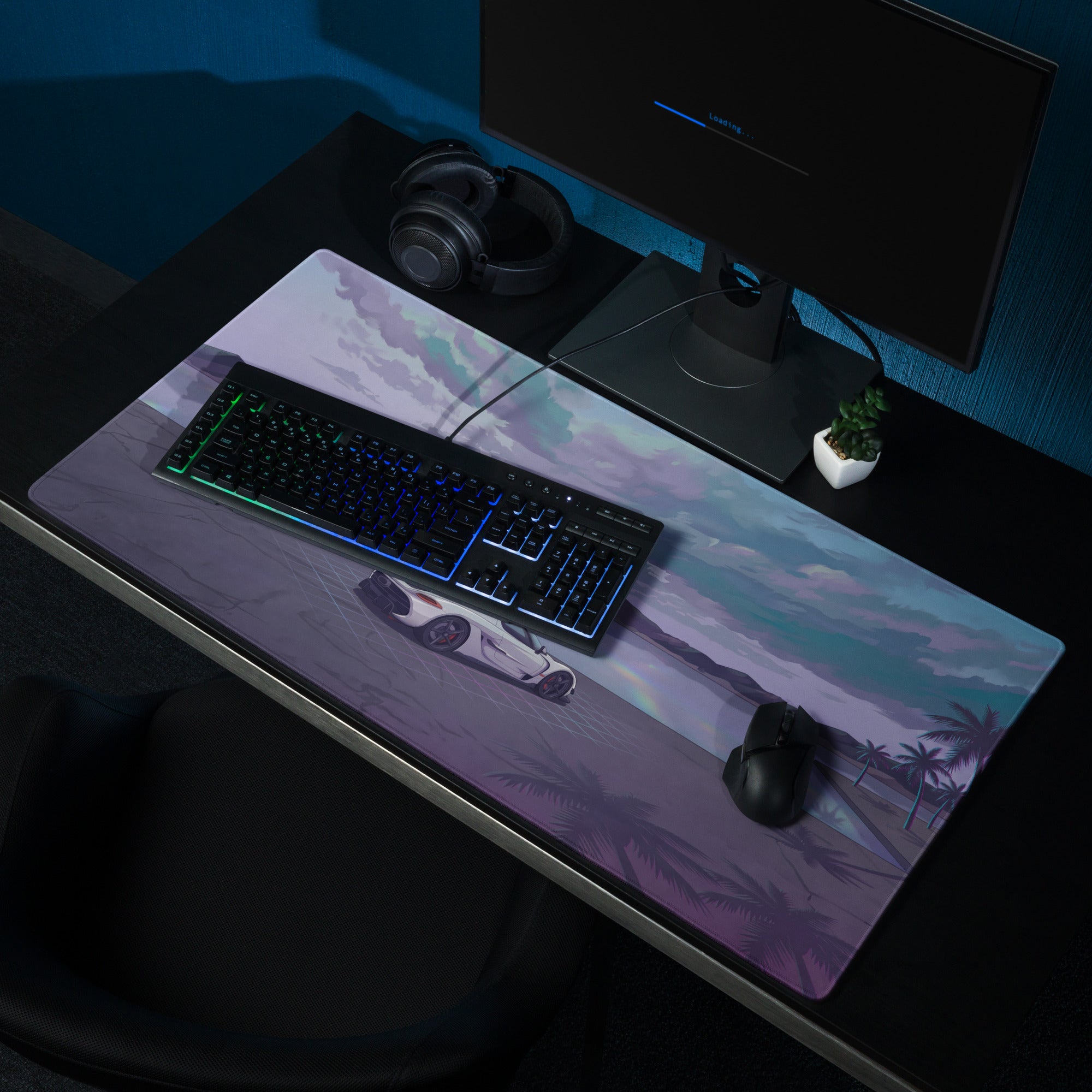 Koenigsegg Jesko Attack Inspired White Purple Vaporwave Gaming Mouse Pad – Dreamy Lakeside Palm Tree Desk Mat, Retro Futuristic Hypercar Digital Art