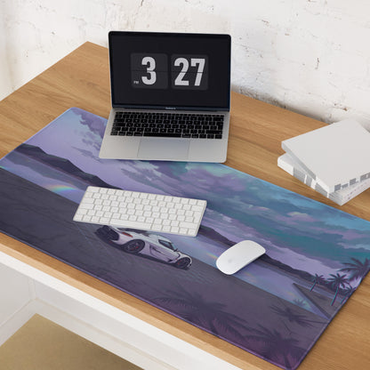 Koenigsegg Jesko Attack Inspired White Purple Vaporwave Gaming Mouse Pad – Dreamy Lakeside Palm Tree Desk Mat, Retro Futuristic Hypercar Digital Art